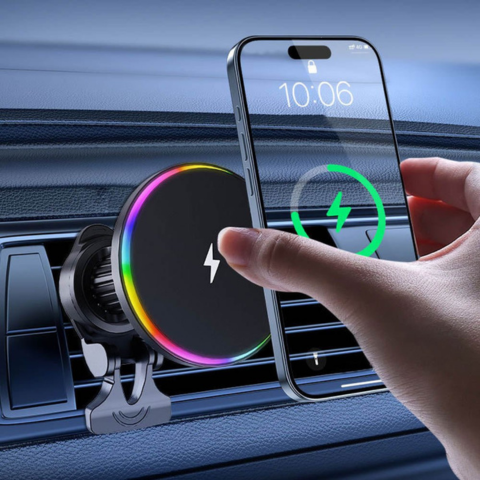 Soporte de teléfono para coche – Carga inalámbrica y luz LED 