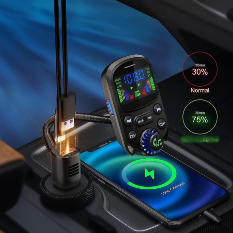 Wielofunkcyjny nadajnik FM do samochodu — Muzyka i asystent głosowy 